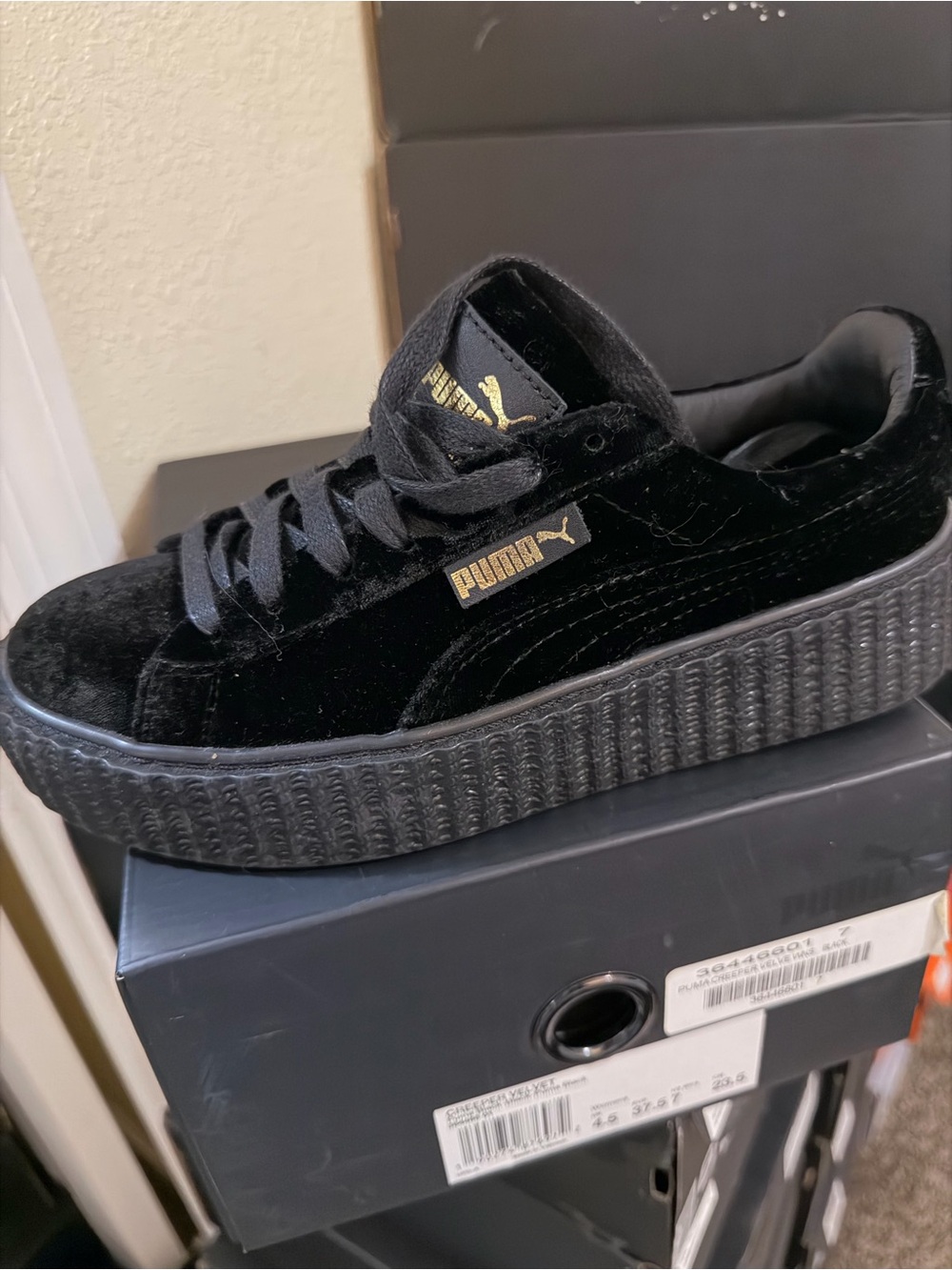 FENTY Puma Black Velvet Platform Trainers with Gold Logo